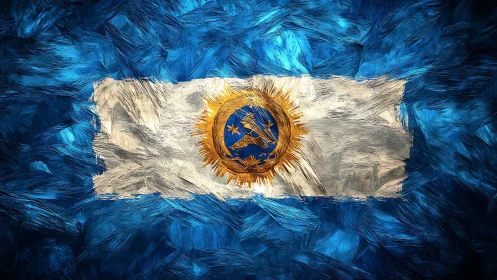 Radiant blue and gold flag painted with swirling, bold strokes.