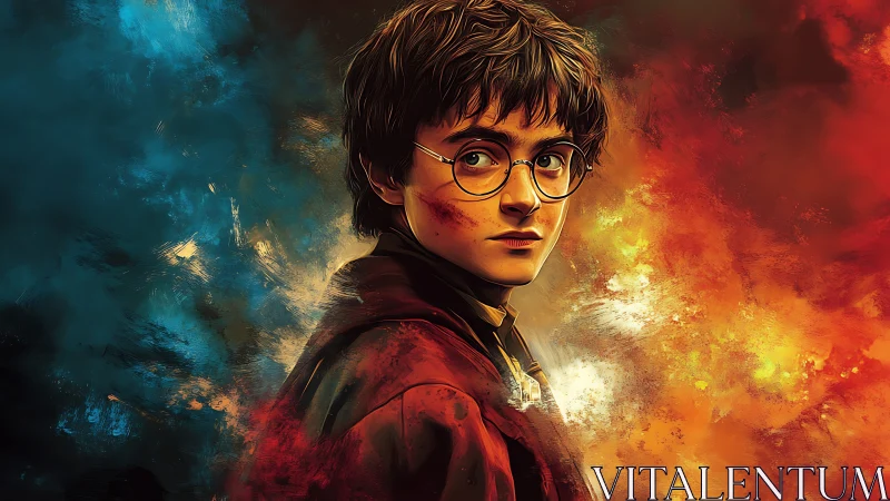 Young robed figure with glasses amid divided color field.