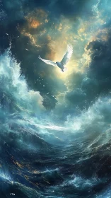 White seabird over turbulent ocean beneath luminous sky.