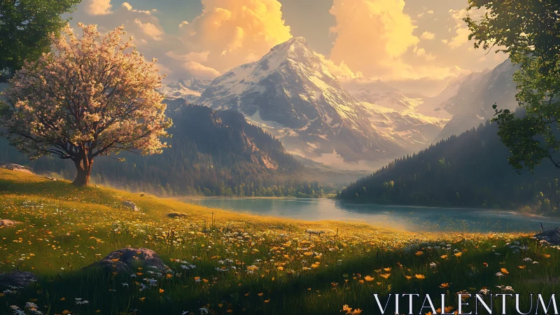 Sunlit alpine meadow frames tranquil lake and snow peaks