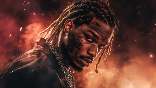 Intense gaze in glowing ember clouds of urban swagger.