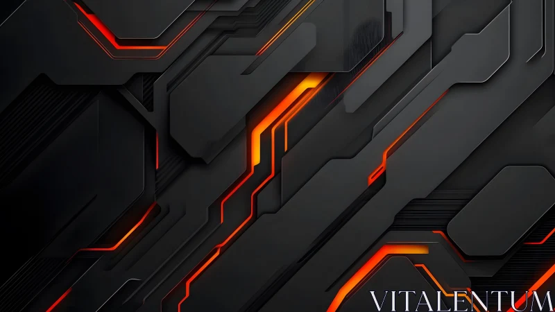 Futuristic black abstract geometric background with glowing orange lines.