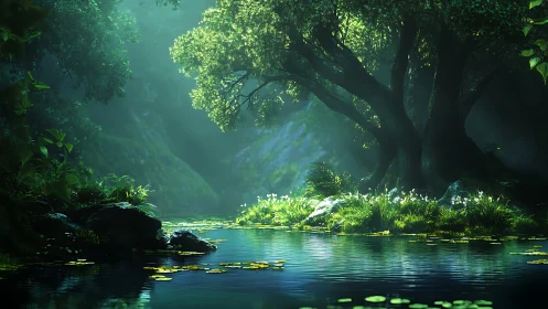 Tree-lined pond in shaded forest clearing at midday light.