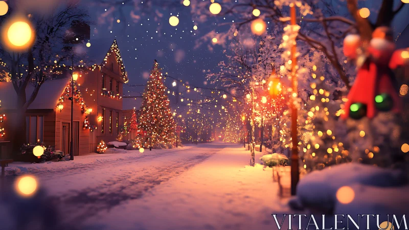 Snowy small-town street glowing with festive holiday lights.