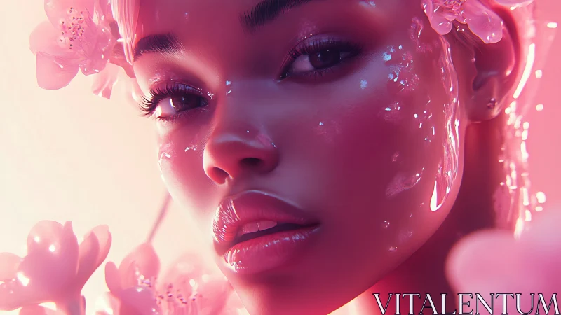 Iridescent portrait with glossy petals and liquid light bloom.