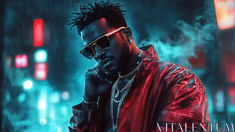 Neon-lit urban portrait isolates subject in saturated cyan-red bokeh