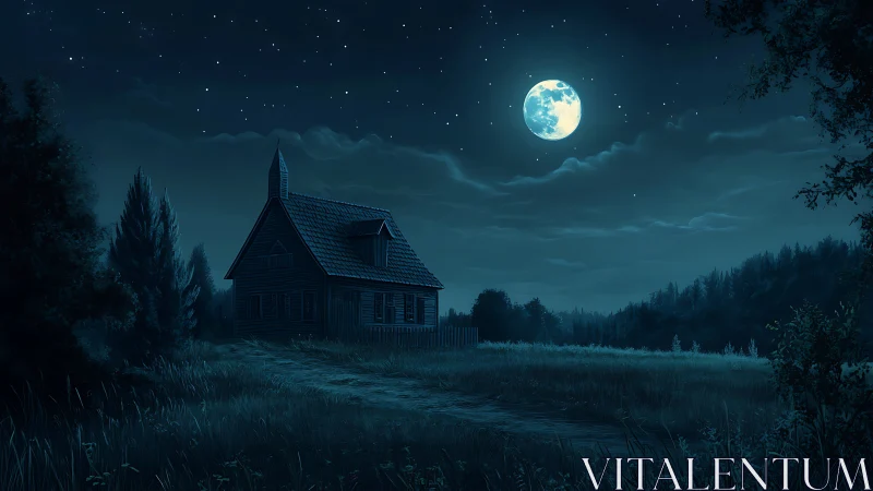 Moonlit wooden cottage under deep blue rural night sky.