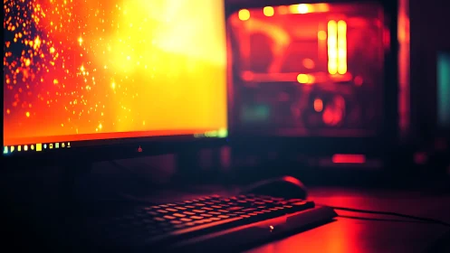 Glowing gaming workstation under vivid orange bokeh light.