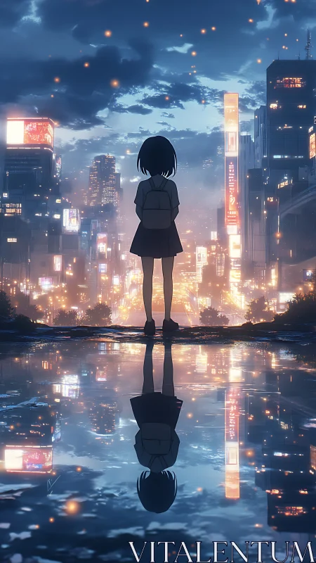 Backlit schoolgirl observes illuminated skyline and reflective puddle