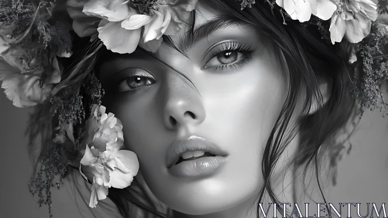 Monochrome floral portrait renders hyperreal feminine visage