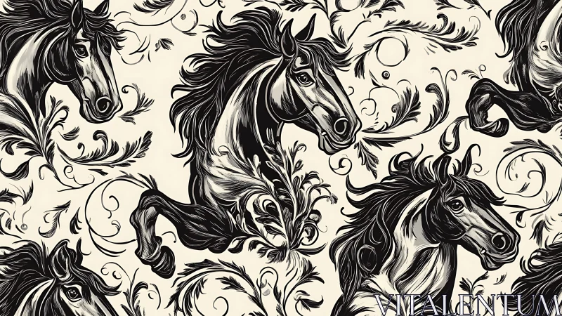 Dynamic black horse pattern with ornate swirling foliage.