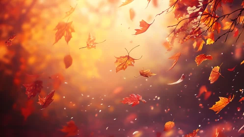 Autumn maple leaves drift through sunlit atmospheric bokeh field
