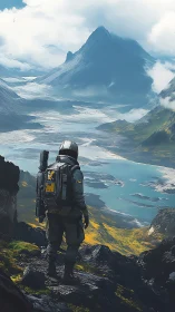 Lone astronaut surveys glacial alien valley under towering peaks.