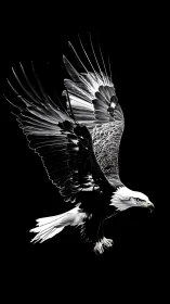 Monochrome bald eagle in mid-flight on black background.