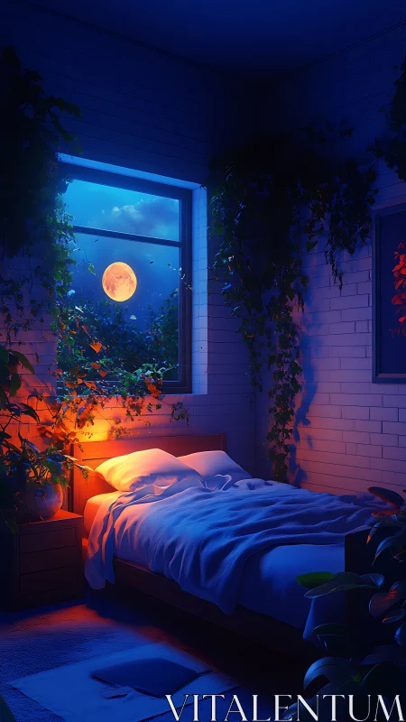 Biophilic bedroom under dual-spectrum moonlit illumination.