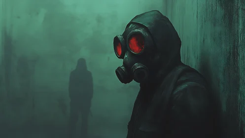 Hazmat silhouette confrontation in cyan toxic alleyway haze.