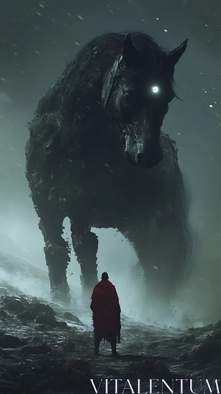 Colossal spectral horse confronts lone hero in storm