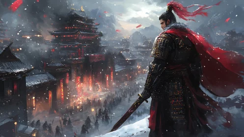 Armored warlord overlooking fortified snowbound city at dusk.
