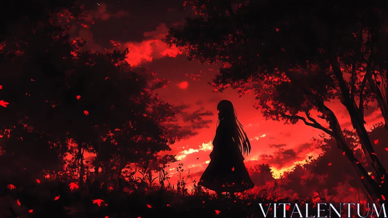 Silhouetted girl haunts a crimson twilight forest horizon.