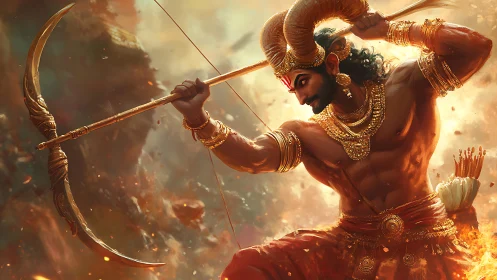 Mythic archer warrior draws gilded bow amid swirling embers