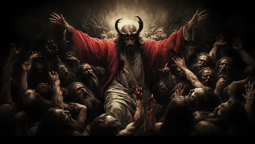 Horned messianic figure commanding tormented damned souls.
