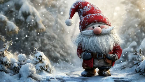 Cheerful winter gnome smiles warmly in a snowy forest path