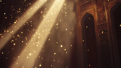 Golden light rays through dust in ornate arched interior.