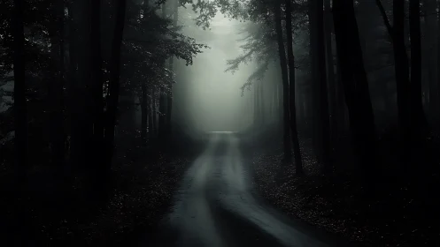 Moody forest roadway in low key cinematic composition.