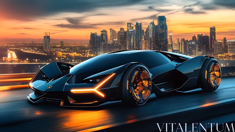 Futuristic electric hypercar on neon-lit city expressway at dusk