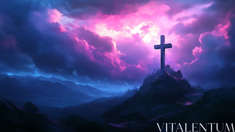 Lone mountain cross under glowing violet storm sky.