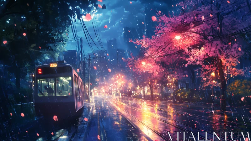 Night tram moves through rainy cherry blossom city street