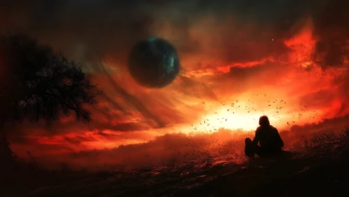 Solitary figure watches dark planet over burning horizon