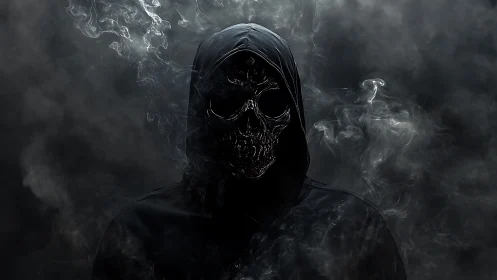 Shrouded skull figure emerges quietly from swirling dark smoke
