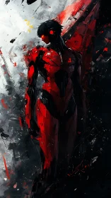 Cybernetic warrior stands in crimson armor amid chaos