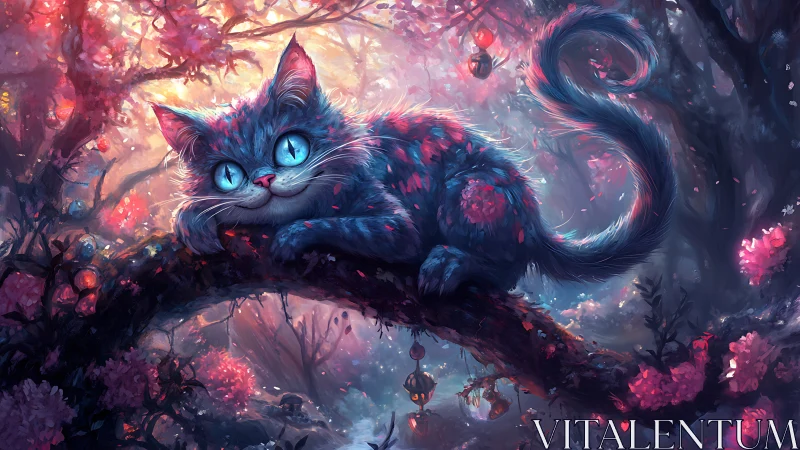 Stylized Feline in Luminescent Flora Environment with Blue Eyes