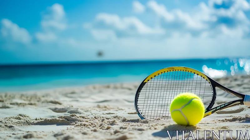 Beach tennis racket and neon ball on sunlit shoreline.