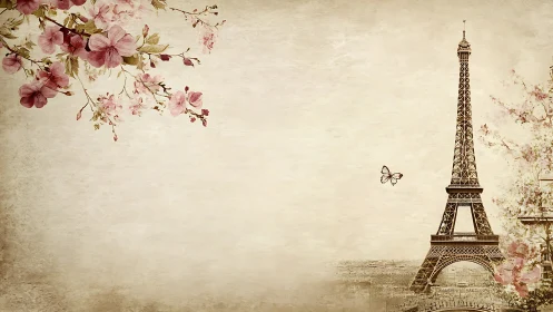 Vintage floral Paris skyline with Eiffel Tower illustration