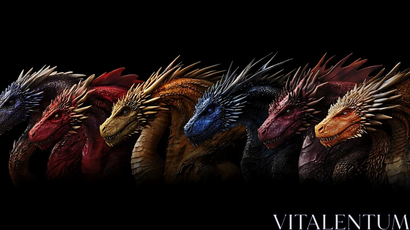 Row of detailed 3D dragon heads rendered against black