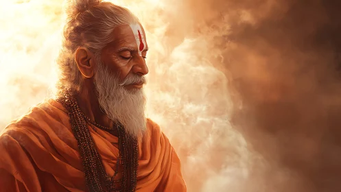 Side-lit meditative elder with saffron drapery and volumetric haze