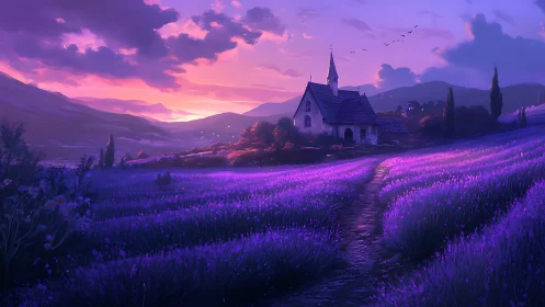 Lavender fields glow at sunset around a tranquil chapel.