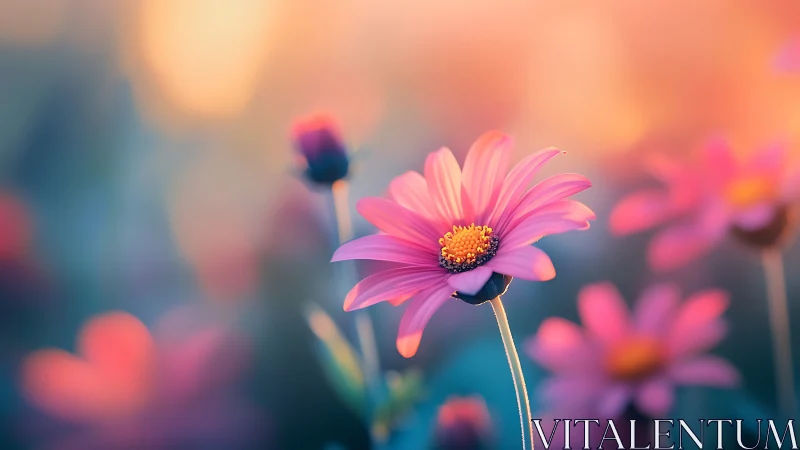 Pink Daisy with Golden Center Against Blurred Floral Field Background.