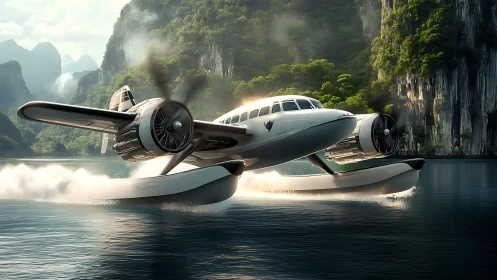 Twin‑engine seaplane skimming lagoon waters in photoreal detail