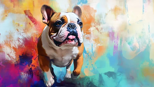 Playful bulldog strides through vivid abstract color field.