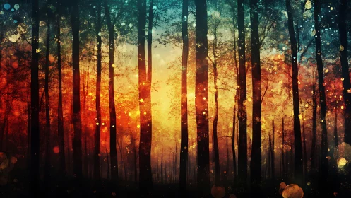 Enchanted Forest at Sunrise with Magical Light.