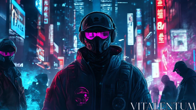 Neon masked enforcers drift through a glitching cyber city storm