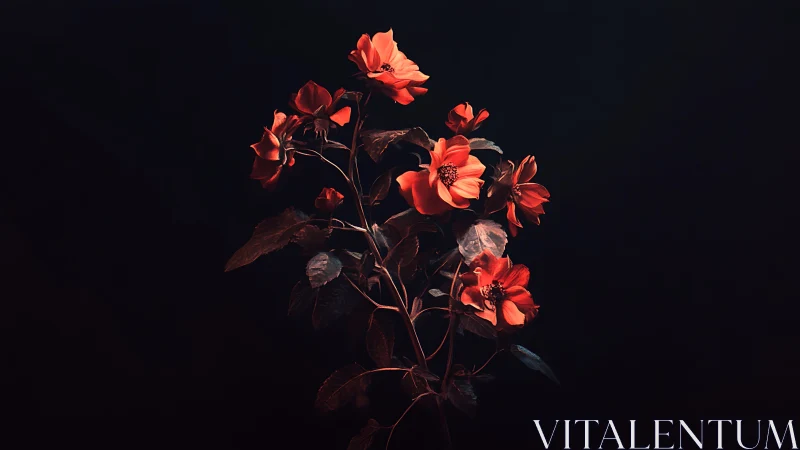 Red flowers against dark background with botanical foliage