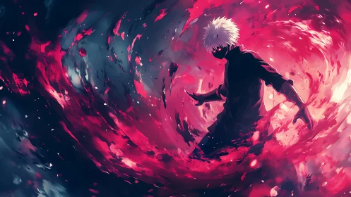 White haired warrior within a crimson energy vortex.