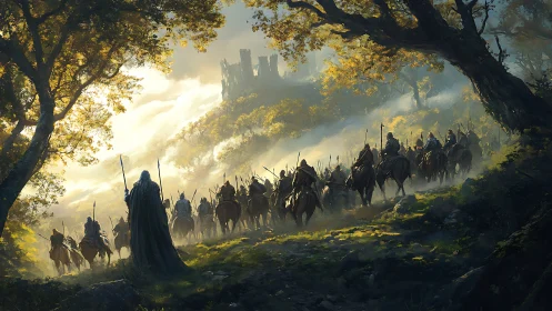 Mounted fantasy warband advancing toward misty ruined citadel.