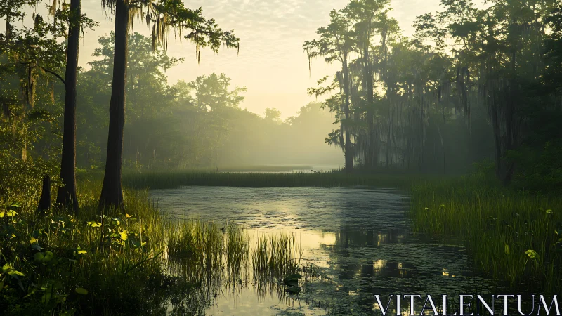 Photorealistic misty cypress wetland with reflective water surface.