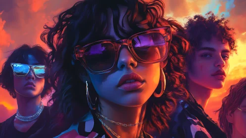 Group portrait of three youths in sunglasses at sunset.